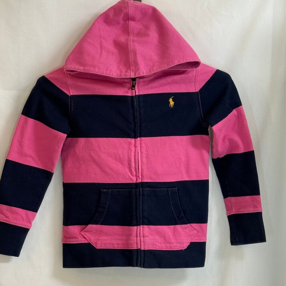 Ralph Lauren Girl's Hooded Long Sleeve Full Zip Sweatshirt - Pink & Navy -Size 6